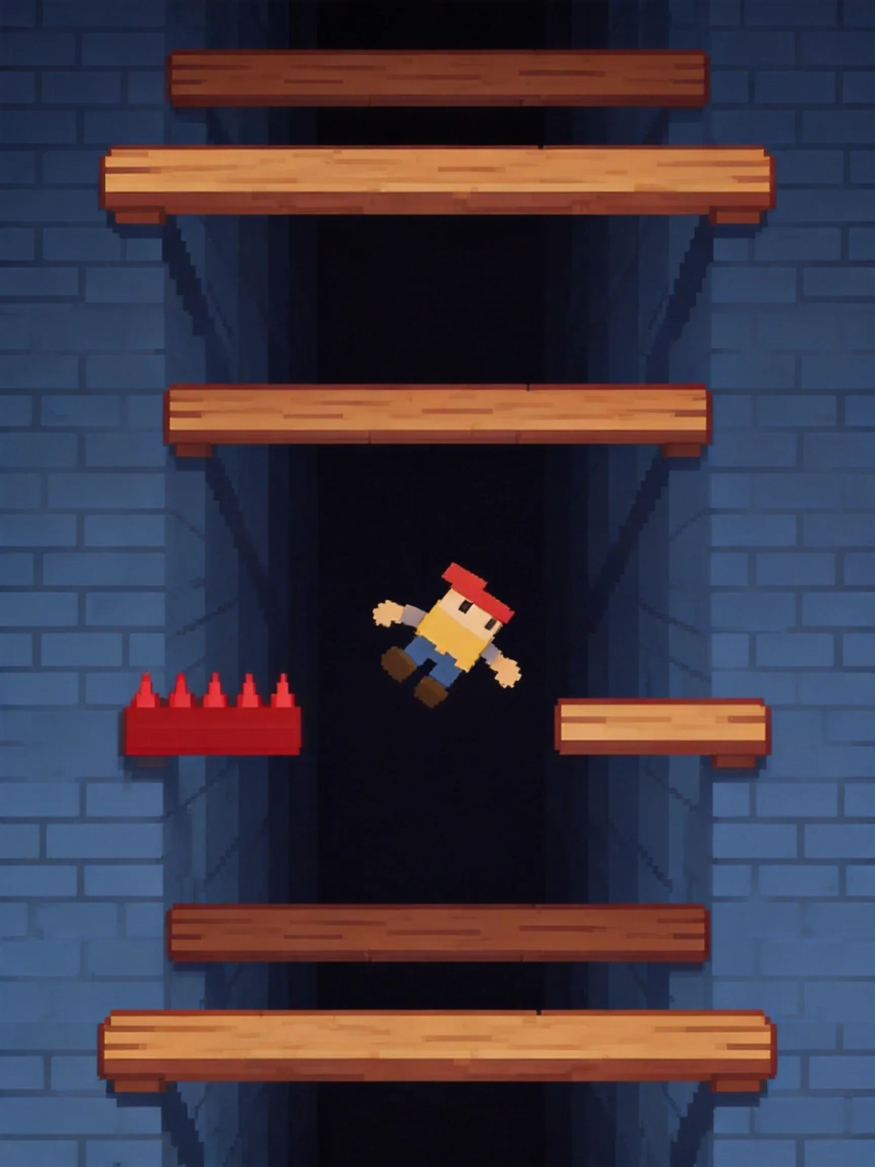 mandown gameplay — pixel character falling through wooden platforms, dodging red spikes in a vertical shaft