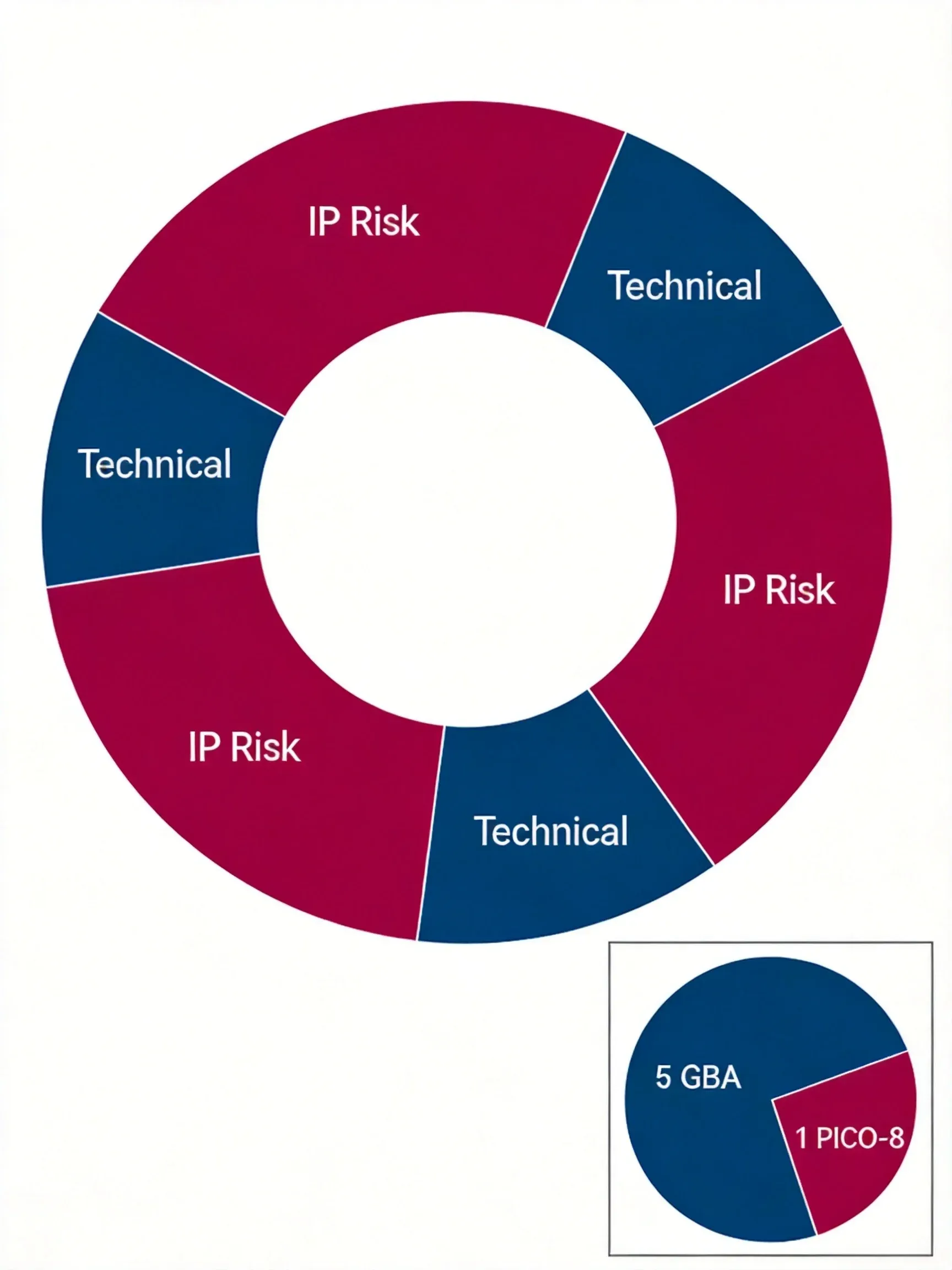 Pie chart showing 6 removed games split 50/50 between IP risk and technical infeasibility, plus a small inset showing 5 GBA games versus 1 PICO-8 game