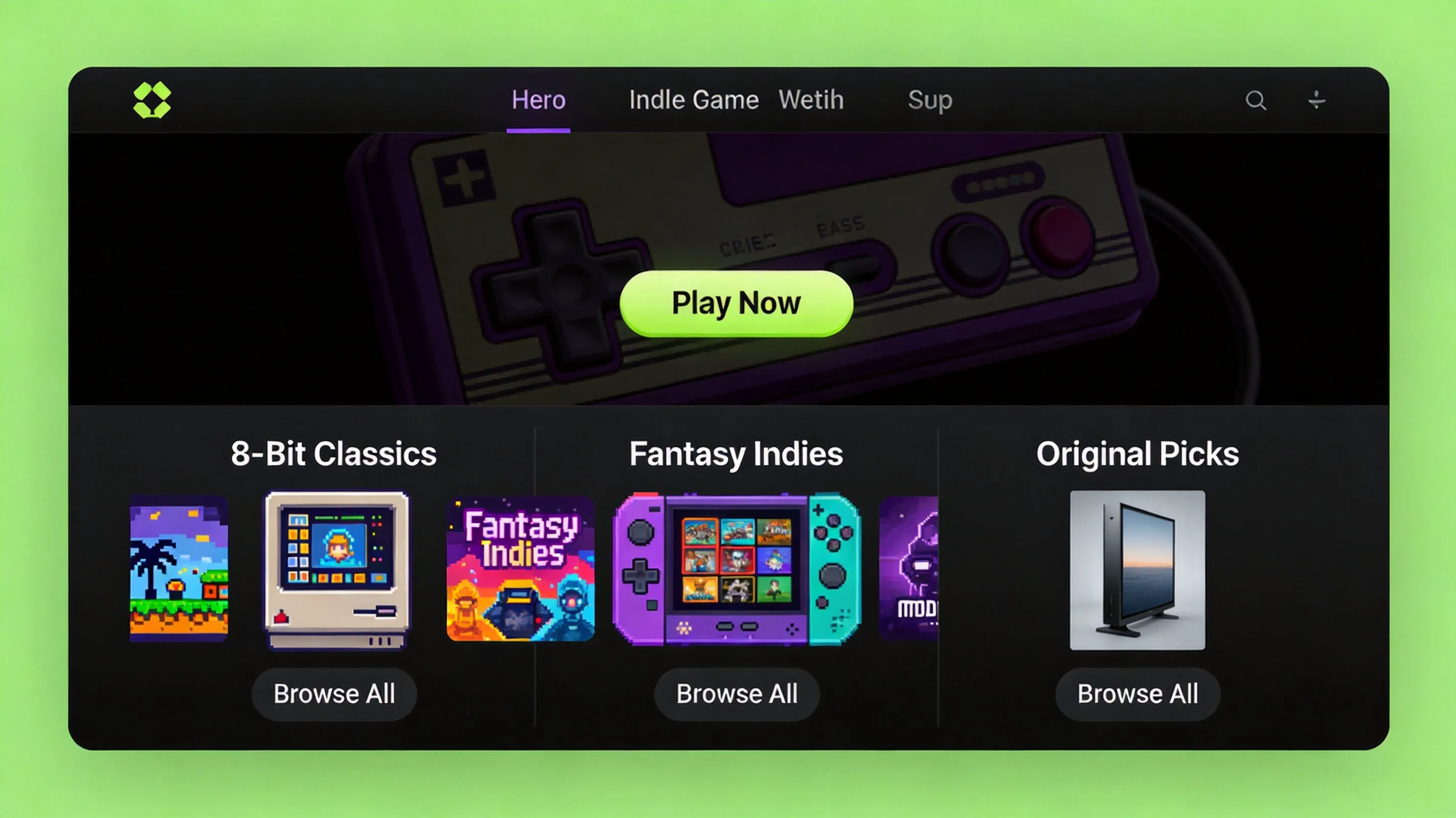 Screenshot of CRTPlay.com homepage showing three distinct game categories: NES classics, PICO-8 titles, and original games. CRTPlay.com curates 31 open-source games across three worlds: NES homebrew, PICO-8 fantasy console, and original titles.