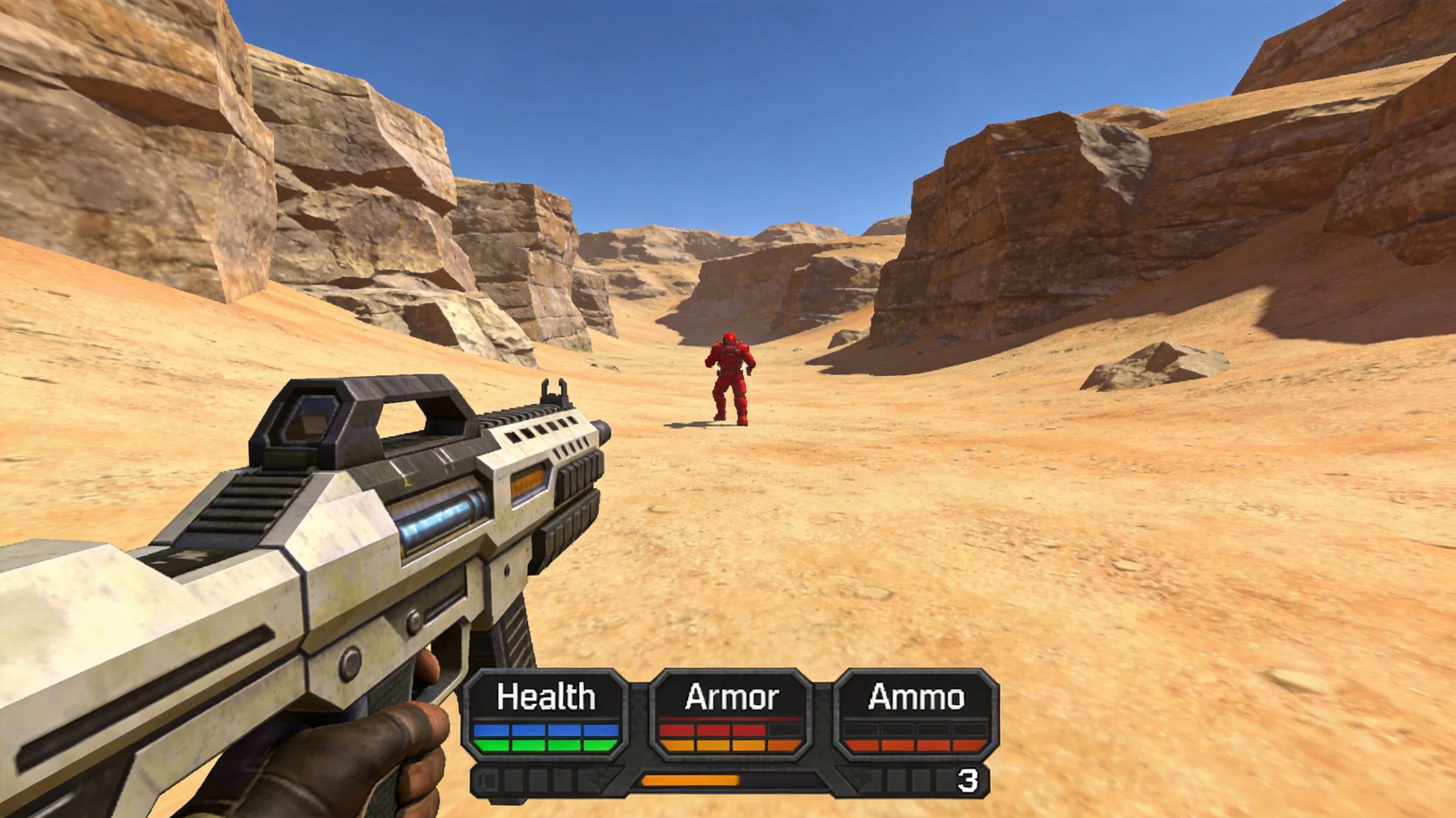 Screenshot of OpenArena gameplay showing a multiplayer deathmatch on a desert map. OpenArena, powered by the ioquake3 engine, demonstrates how open-source content can replace proprietary assets.