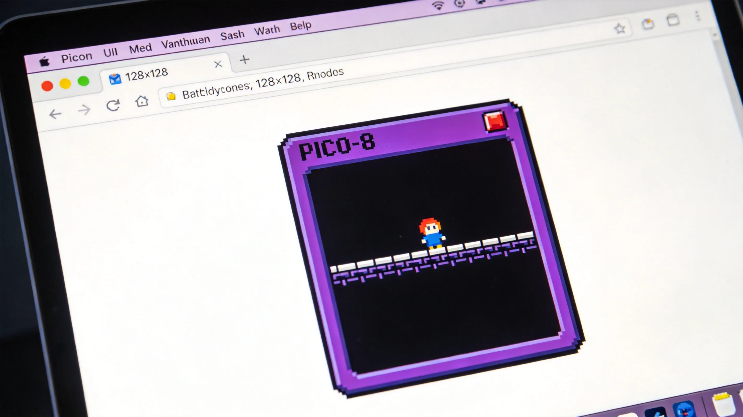 PICO-8 fantasy console interface showing a 128x128 pixel platformer running on a web browser. The PICO-8 fantasy console has inspired thousands of open-source games, now playable in the browser via WebAssembly.