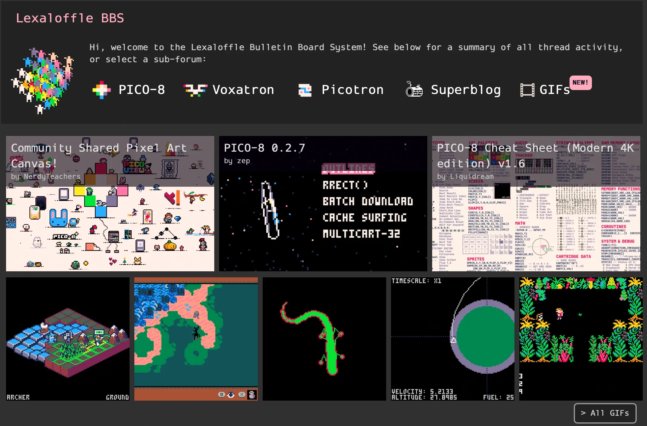 Lexaloffle BBS page screenshot alongside a grid of #pico8 social media posts